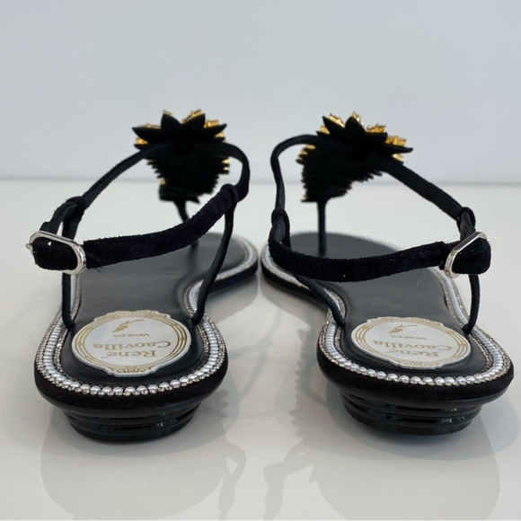 RENE CAOVILLA BLACK LEATHER SUEDE CRYSTAL PEARL SANDALS SIZE IT 38 / IT 8 - Picture 14 of 16